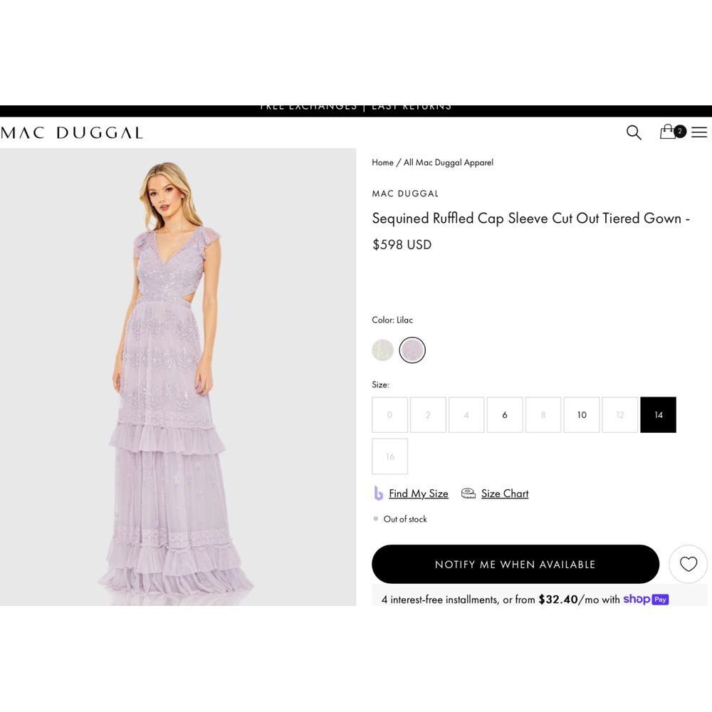 NWT MAC DUGGAL [ 14 ] 9167 Sequined Ruffled Cap Sleeve Cut Out Tiered Gown Lilac - Picture 3 of 6